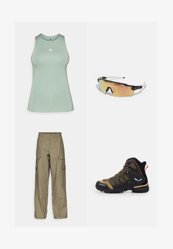 Light green tank top made of smooth fabric, featuring a round neck and a small white Adidas logo on the chest. Tailored fit.; Cargo pants in olive green fabric, featuring a loose fit, multiple side pockets, and a button closure at the waist. Smooth texture.; Mid-height hiking boot in black and olive green, featuring a mesh upper, rubber sole, and textured accents with a rear pull tab.; Sunglasses with a black and white frame, large mirrored lenses in gold and pink hues, aerodynamic design, and an extended outer rim.