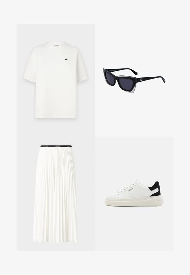 Maglietta bianca in cotone con maniche corte, colletto rotondo e un piccolo logo verde Lacoste sul lato sinistro del petto. Caratterizzata da una vestibilità comoda e una texture liscia.; Gonna bianca plissettata con elastico nero in vita che presenta il logo "LACOSTE". Design di lunghezza media con texture morbida.; Sneaker bianchi in pelle con suola spessa bianca, accento in suede nero sul tallone e logo impresso sul lato. Design con lacci e sei fori per i lacci.; Occhiali da sole oversize neri dalla forma geometrica, con lenti scure e un dettaglio grigio a contrasto sulla montatura. Logo sul braccio.