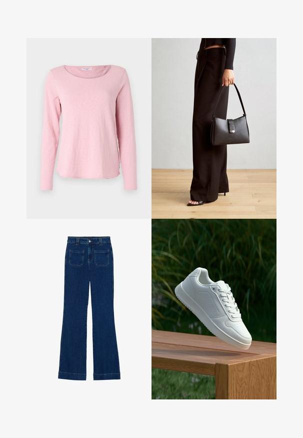 Marc O'Polo DENIM LONGSLEEVE - Långärmad tröja - breezy pink; Mörkblå jeans med utsvängd benform och en slät textur, fem fickor och knäppning i midjan.; Vita sneakers med en slät syntetisk ovandel, perforerat tåparti, platta snören och en strukturerad sula, placerade på en träyta.; Svart handväska med strukturerad form, slät yta och metallspänne. Matchad med vida svarta byxor och sandaler med öppen tå på trägolv.
