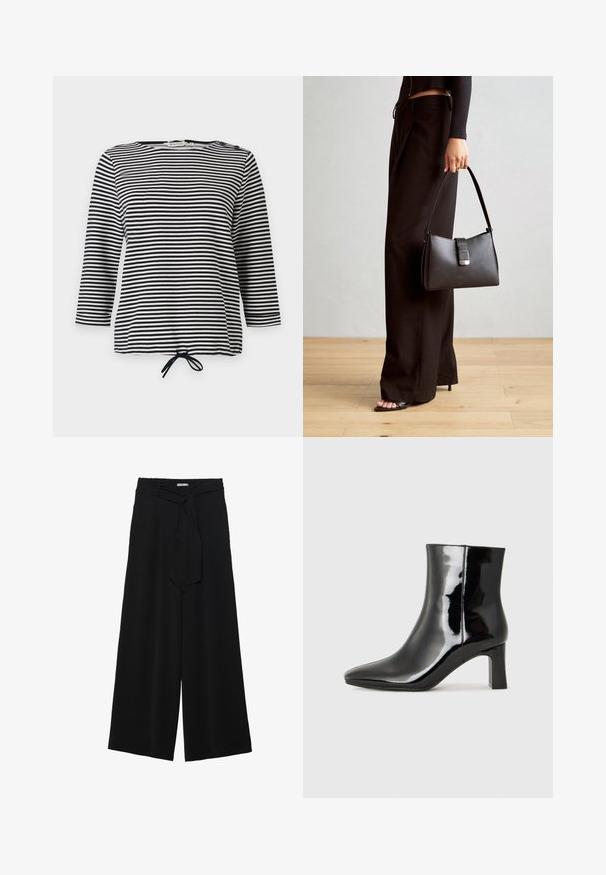 Riba mustras mustrekroides ja valge, millel on kolmveerandsleeved ja tõmbluku äär, valmistatud pehmest kangast, millel on mugav lõige.; Mustad laiad püksid, millel on tekstureeritud kangas, elastne vöökoht ja eemaldatav pael vööst, et reguleerida sobivust.; Must-sinine nahkjalats musta läikiva viimistlusega, millel on terav nina ja keskmise kõrgusega plokk konts. Sile tekstuur ja minimalistik disain.; Must musta kott, millel on struktureeritud kuju, sile tekstuur ja metallist klamber. Kombineeritud laiate mustade pükstega ja avatud varvaste sandaalidega puidust põrandal.