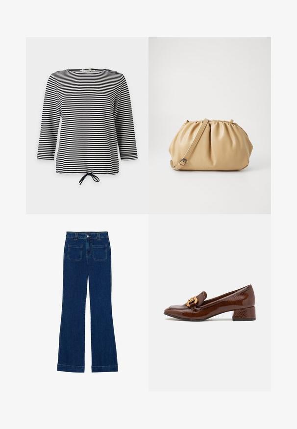 Stribet top i sort og hvid, med trekvartærmer og snoretræk i kanten, lavet af blødt stof med en afslappet pasform.; Mørkeblå flared jeans i denim med en glat tekstur, fem-lomme design og en knaplukning i taljen.; Brune læder loafers med en blank finish, der har en dekorerende guld spænde foran og en lav blokhæl. Klassisk design.; Tan læderhåndtaske med plisseret design, justerbar rem og rund form. Minimalistisk branding på forsiden.