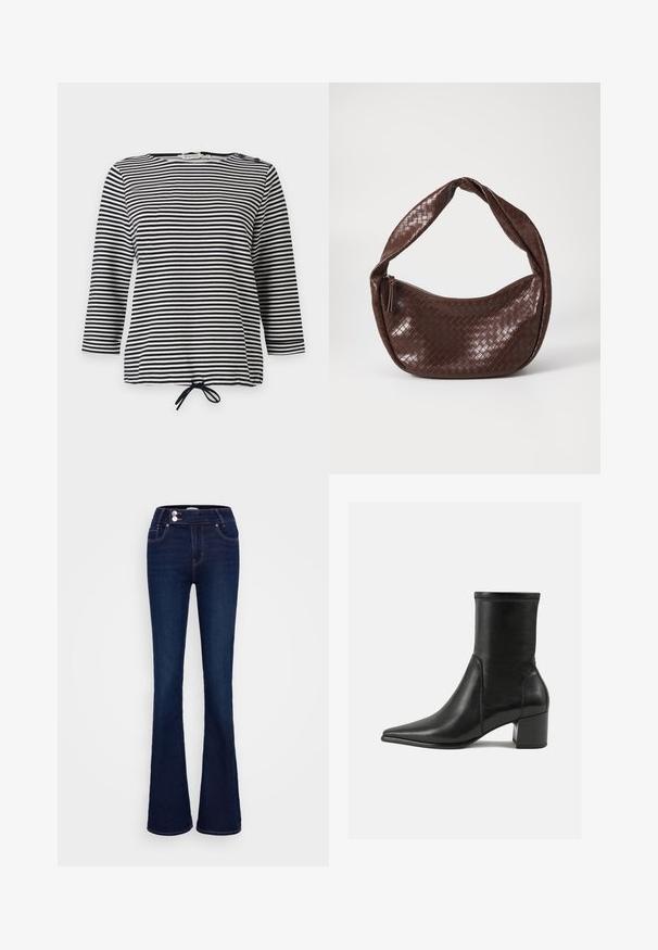 Striped top in black and white, featuring three-quarter sleeves and a drawstring hem, made of soft fabric with a casual fit.; Dark blue flared jeans featuring a high-rise waist, two front pockets, and two button closures. Made from denim with a smooth texture.; Black ankle boot made of smooth leather, featuring a pointed toe, a block heel, and distinct raised stitching at the top edge.; Brown woven leather handbag with a curved, knotted handle and a zippered closure. Smooth texture and rounded shape.; Gold-tone metal cuff bracelet with a smooth, shiny finish. Curved design features open ends with a seamless, minimalistic shape.