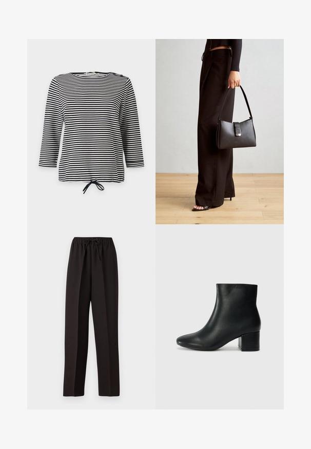 Haut rayé noir et blanc, avec des manches trois-quarts et un ourlet à cordon de serrage, fabriqué en tissu doux avec une coupe décontractée.; Pantalons larges noirs avec une taille élastique et un cordon de serrage ajustable. Fabriqués en un tissu léger et lisse sans motifs visibles.; Bottines en cuir noir avec un bout pointu et un talon épais. Texture lisse avec des accents minimalistes et un design élégant et ajusté.; Sac à main noir à la forme structurée, texture lisse et fermoir métallique. Associé à un pantalon noir ample et des sandales ouvertes sur un sol en bois.