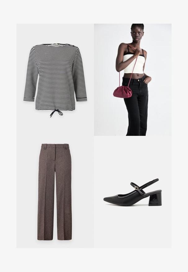Top às riscas em preto e branco, com mangas três quartos e bainha ajustável, feito de um tecido macio com um corte descontraído.; Calças largas castanhas feitas de um tecido texturizado. Apresentam dois bolsos frontais e um ajuste entalhado com dois botões na cintura.; Sabrinas de cerâmica preta com salto bloco, bico apontado e um design com recortes arredondados. Apresenta um detalhe em fivela de tom dourado.; Bolsa de tecido suave em borgonha com um design franzido e uma alça longa, usada à transversal. Modelo veste um top cropped branco e jeans pretos.