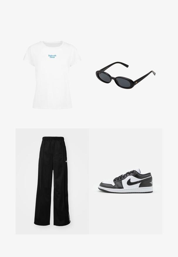 Camiseta de algodón blanca con cuello redondo y mangas cortas. El texto en el frente dice "Cenas con amigos" en azul. Corte casual con textura suave.; Pantalones de chándal negros de pierna ancha con cinturilla elástica, que cuentan con rayas laterales blancas y un pequeño logo en la cadera izquierda. Textura de tela suave.; Las zapatillas Nike de corte bajo en blanco y negro presentan un upper de cuero suave, puntera redonda, cierre con cordones y una suela de goma con patrón.; Gafas de sol grandes de color negro con lentes ovalados, montura de plástico suave y detalles dorados en las patillas. Los lentes oscuros ofrecen protección solar.