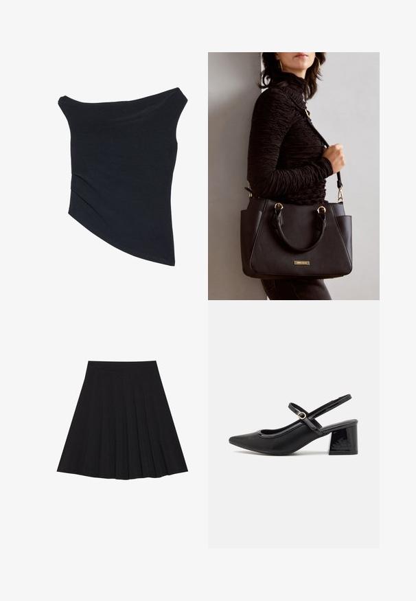 Black, off-the-shoulder top with a fitted design, asymmetric hem, and soft, smooth texture. It features gathered fabric at the neckline.; Black pleated skirt made of textured fabric with a fitted waistband. Falls to knee length, featuring a smooth, clean silhouette.; Black patent leather slingback heels with a pointed toe, a rounded cutout design, and a block heel. Features a gold-tone buckle accent.; Black handbag with textured surface, dual top handles, and adjustable shoulder strap. Features gold-tone hardware and side pockets.
