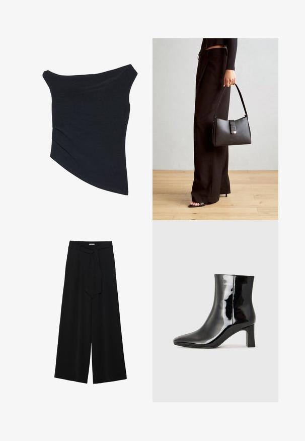 Musthave mustriga, mis on must, õlavarte pealt avatud, keha lähedalt istuv, asümmeetrilise äärega ja pehme, sileda tekstuuriga. Sellel on kogutud kangas kaeluses.; Mustad laiad püksid, millel on tekstureeritud kangas, elastne vöökoht ja eemaldatav pael vööst, et reguleerida sobivust.; Must-sinine nahkjalats musta läikiva viimistlusega, millel on terav nina ja keskmise kõrgusega plokk konts. Sile tekstuur ja minimalistik disain.; Must musta kott, millel on struktureeritud kuju, sile tekstuur ja metallist klamber. Kombineeritud laiate mustade pükstega ja avatud varvaste sandaalidega puidust põrandal.