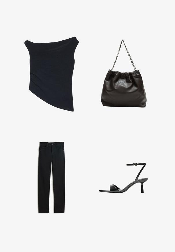 Črna top bluzica brez naramnic z oprijetim krojem, asimetričnim robom in mehko, gladko teksturo. Ima zbrano blago na izrezu.; Črne jeans hlače s ravnim krojem, petimi žepi, kovinskim gumbom za zapiranje in subtilnimi šiviljskimi podrobnostmi. Gladka tekstura.; Bershka Sandali z visoko peto - black; Rjava usnjena torba z nabranim vrhom in verižnim trakom. Gladka tekstura z sijajno površino in subtilnimi šivi na straneh.