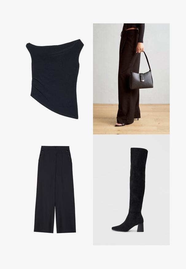 Top preto, sem mangas, com um design justo, barra assimétrica e textura suave e macia. Apresenta tecido franzido na gola.; Calças largas de tecido azul marinho escuro, com uma textura suave, pregas frontais e ilhoses decorativos em tom dourado nos bolsos laterais.; Bota de camurça preta até ao joelho com salto bloco, bico fino e design suave e sem costuras sobre um fundo claro.; Bolsa preta com forma estruturada, textura suave e um fecho metálico. Combinada com calças largas pretas e sandálias de salto aberto sobre um chão de madeira.