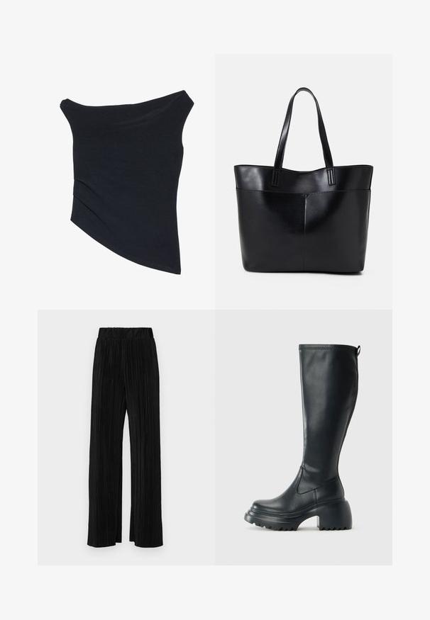 Sort, off-shoulder top med en tætsiddende design, asymmetrisk kant og blød, glat tekstur. Den har samlet stof ved halsudskæringen.; Sorte plisserede bukser med elastisk talje. Har brede ben og et glat, tekstureret stof med lodrette striber.; Høj sort læderstøvle med kraftig platformssål og blokhæl, med trækstrop og tekstureret sål.; Sort læder tote taske med to lange håndtag, en glat tekstur og en struktureret form. Har en forlommem for ekstra opbevaring.