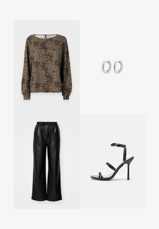 Rudos ir juodus leopardų raštus turintis ilgos rankovės viršus, su apvalia iškirpte ir susiraukšlėjusiomis rankovių apačiomis, pagamintas iš minkštos, tekstūruotos medžiagos.; Juodos odinės plačios kelnės su elastinga juosta ir reguliuojama raišteliu; lygus paviršius su švariu, minimalistiniu dizainu.; Juodos lakinės odos aukštakulnės sandalai su trimis horizontaliais dirželiais ir reguliuojamu kulkšnimis dirželiu. Lieknas siluetas ir blizgus apdaila.; Sidabriniai auskarai su poliruotu paviršiumi, turintys apvalią dizaino formą ir be siūlių vyriukus, rodantys lygų paviršių.