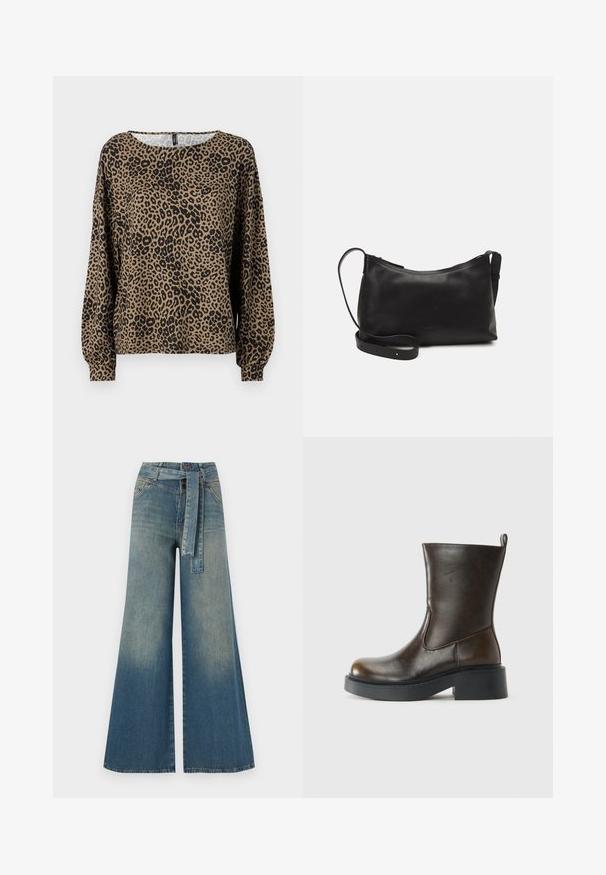 Barna és fekete leopárdmintás, hosszú ujjú felső, kerek nyakkivágással és rakott ujjvégekkel, puha, texturált anyagból készült.; Bőszárú farmernadrág, világos és sötétkék árnyalatokkal, magas derekú, övgyűrűkkel és a nadrággal megegyező anyagú övvel. Textúrált farmer kivitel.; Sötétbarna, középig érő bőrcsizma, lekerekített orral, vastag fekete talppal, alacsony block sarkal és hátsó húzókával.; Fekete bőr válltáska sima felülettel, ívelt formával, állítható pánttal és cipzáras záródással. Minimalista dizájn díszítmények nélkül.