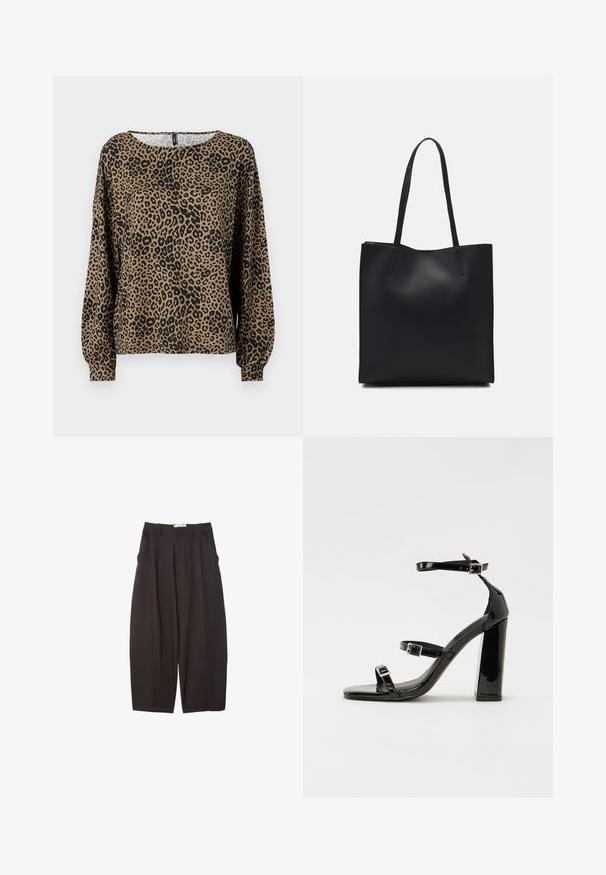 Pitkähihainen leopardikuosisetti ruskeana ja mustana, jossa on pyöreä pääntie ja kootut hihansuut, valmistettu pehmeästä, teksturoidusta kankaasta.; Mustat leveälahkeiset housut, jotka on valmistettu sileästä kankaasta. Niissä on korkea vyötärö, etupleatsit ja sivutaskut. Yksinkertainen muotoilu ilman koristeita.; Musta kiiltävä korkokenkä sandaalit neliönmuotoisella varpaalla, nilkkaremmillä ja hopeisilla soljilla. Varustettu tukevalla lohkokorkealla vakauden takaamiseksi.; Mustapahkainen kangaskassi, jossa on sileä pinta, suorakaiteen muotoinen ja kaksi pitkää kahvaa. Ei näkyvää metalliosaa tai koristeita.