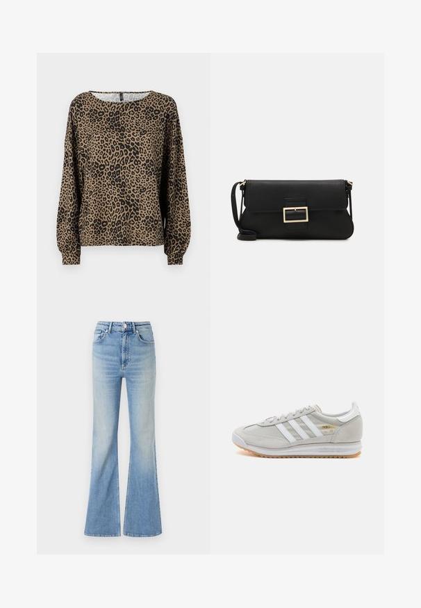 Dugog rukav majica sa uzorkom leoparda u smeškim i crnim tonovima, sa okruglim izrezom i nabranim manžetama, izrađena od mekog, teksturiranog materijala.; Svijetloplave široke traperice s visokim strukom, pet džepova i suptilnim gradijentnim izbljeđivanjem prema rubu.; Svijetlosivi tenisice od antilopa i mrežice, s tri bijele pruge, okruglim vrhom i gumenom potplatom. Zlatni logo akcent blizu vezica.; Crna kožna clutch torbica s preklopom i zlatnim metalnim detaljem kopče. Uključuje crnu trakicu i elegantan, minimalistički dizajn.; Srebrne naušnice s obručima i uvijenim dizajnom, s poliranim završetkom i pričvršćivanjem na stražnjoj strani. Mjere otprilike 3 cm u promjeru.