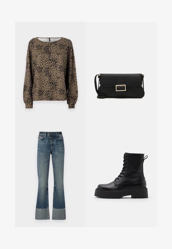 Lauku raksta ilga piedurkne tops brūnā un melnā krāsā, ar apaļu apkakli un savilktiem piedurkņu galiem, izgatavots no mīkstas, teksturētas auduma.; Denim flared bikses vidējā zilā krāsā ar augstu jostasvietu, piecām pogām un saplīsušu apakšmalu. Rūpīgi veidots, lai apakšā būtu gaišāka aproce un nodiluma faktūra.; Melni ādas potītēm zābaki ar apļveida purngalu, auklām priekšpusē un biezu gumijas zoli ar teksturētu protektoru. Velkšanas cilpa aizmugurē.; Melnas ādas saķeres soma ar atloku un zelta metāla sprādzi. Ietver melnu siksnu un elegantu, minimālistisku dizainu.; Zelta krāsas auskari gredzena formā, plāni un apaļi, ar gludu metāla apdari un bez rotājumiem vai zīmējumiem.