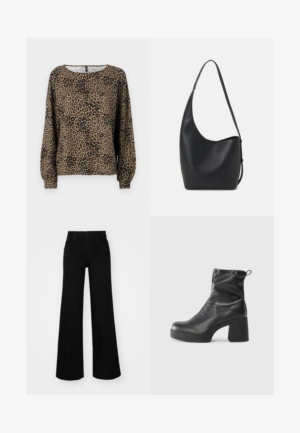 Prindi leopardimustriga pikad varrukad, pruun ja must, ümmargune kaelus ja rikutud varrukakinnitus, valmistatud pehmest, tekstuurilisest kangast.; Mustad mustad püksid, mis on valmistatud denimist, struktuurse vöökohtade, vöökootidega ja esikottidega. Sile tekstuur klassikalise disainiga.; Mustad mustad ansapüksid, mis on valmistatud siledast nahast, külje zipperiga, paksu tekstuuriga kontsaga ja ümmarguse nina disainiga.; Mustast nahast hobo kott, millel on sile tekstuur, kumer kuju ja üks reguleeritav rihm; peal on lai avaus.