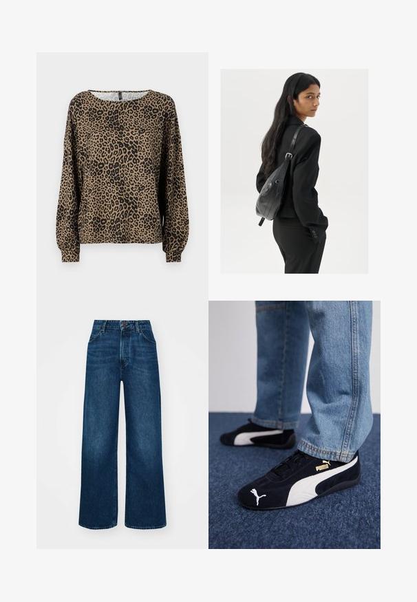 Langärmliges Oberteil mit Leopardenmuster in Braun und Schwarz, mit rundem Halsauschnitt und gerafften Ärmelabschlüssen, aus weichem, strukturiertem Stoff gefertigt.; Hochtaillierte, weit geschnittene Jeans in dunkelblauem Denim mit glatter Textur, Kontrastnähten und einem Fünf-Taschen-Design. Verschluss mit einem Frontknopf.; Schwarze Wildledersneaker mit weißen Akzenten und einem goldenen Logo. Getragen mit hellblauen Jeans und auf einer strukturierten blauen Oberfläche platziert.; Frau mit langen dunklen Haaren, die einen schwarzen Anzug trägt und eine schwarze Lederschultertasche hält, schaut über ihre Schulter vor einem weißen Hintergrund.