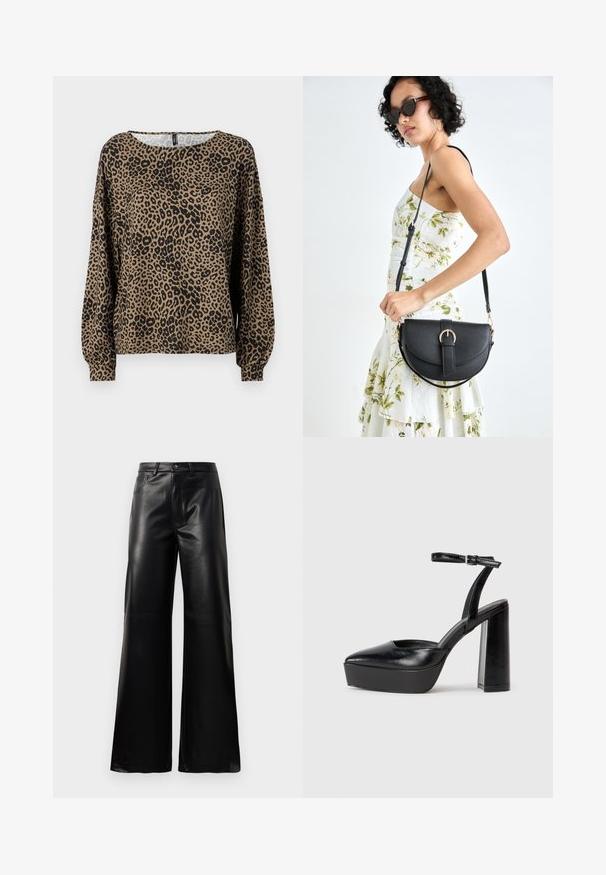 Rudos ir juodus leopardų raštus turintis ilgos rankovės viršus, su apvalia iškirpte ir susiraukšlėjusiomis rankovių apačiomis, pagamintas iš minkštos, tekstūruotos medžiagos.; Juodos aukšto juosmens plačios kojų dirbtinės odos kelnės su priekiniais mygtukais, užtrauktuku, diržo kilpomis ir šoninėmis kišenėmis ant balto fono.; Juodi platforminiai aukšti kulniukai su smailiu kojų pirštu ir reguliuojamu kulkšnies dirželiu. Pagaminti iš lygaus odos, turi masyvų blokinį kulną.; Juodas odinis krepšys su išlenkta forma, nuimamu dirželiu ir auksiniais detalėmis. Krepšys turi kilpą su sagtimi.