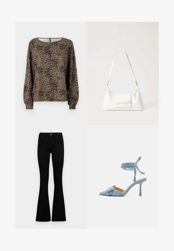 Prindi leopardimustriga pikad varrukad, pruun ja must, ümmargune kaelus ja rikutud varrukakinnitus, valmistatud pehmest, tekstuurilisest kangast.; Mustad kõrge vöökohtadega teksad, millel on nööp ja lukuga sulgemine, esikäe taskud ja laienevad sääred, asetatud tasasele valgele taustale.; Kitsas varbaga kõrge kontsaga kingad helesinisest kangast, millel on tekstuuriga viimistlus, kaunistatud paeltega ja pahkluuringiga, tagamaks kindlat sobivust.; Valge sünteetilisest materjalist kott kolmnurkse kujuga, lame esiklapiga ja kaaredetailiga, reguleeritava rihmaga, sileda tekstuuriga ja minimalistliku disainiga.