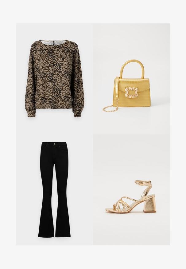 Top de manga longa com padrão de leopardo em castanho e preto, com decote redondo e punhos de mangas franzidos, feito de um tecido suave e texturizado.; Jeans pretos de cintura alta com fecho de botão e zíper, bolsos frontais e pernas largas dispostos em cima de um fundo branco.; Sandálias de salto alto metálico dourado com design em tiras, salto quadrado e tira no tornozelo ajustável com fivela. Textura suave.; Bolsa amarela em pele de crocodilo falsa, com um design estruturado, pega no topo, alça de corrente removível e decoração de cristal no fecho.