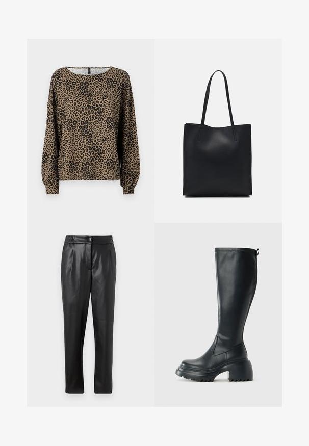 Maglietta a maniche lunghe in stampa leopardata marrone e nera, con scollatura tonda e polsini delle maniche arricciati, realizzata in morbido tessuto testurizzato.; Pantaloni di pelle nera con una texture liscia, vestibilità dritta, cintura elastica e chiusura con bottone frontale; dettagli plissettati e gambe affusolate.; Stivale lungo in pelle nera con suola piatta robusta e tacco a blocco, dotato di linguetta e battistrada testurizzato sulla suola.; Borsa tote in pelle nera con texture liscia, forma rettangolare e due manici lunghi. Nessun hardware o decorazione visibile.