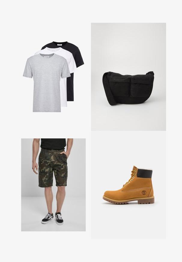 Trei tricouri cu guler rotund, în culorile gri, alb și negru, cu mâneci scurte, textură moale și un design drept.; Pantaloni scurți cargo cu camuflaj, prevăzuți cu buzunare cargo, confecționați dintr-un material țesut în nuanțe de verde și maro. Asortați cu adidași negri cu șireturi albe.; Botină din piele maronie la gleznă, cu ochiuri metalice, căptușeală din blană albă, guler îmblănit negru, talpă robustă și logo embossat pe lateral.; Geantă crossbody din catifea neagră cu curea ajustabilă, având buzunare frontale și o textură moale. Design compact cu detalii minimale.