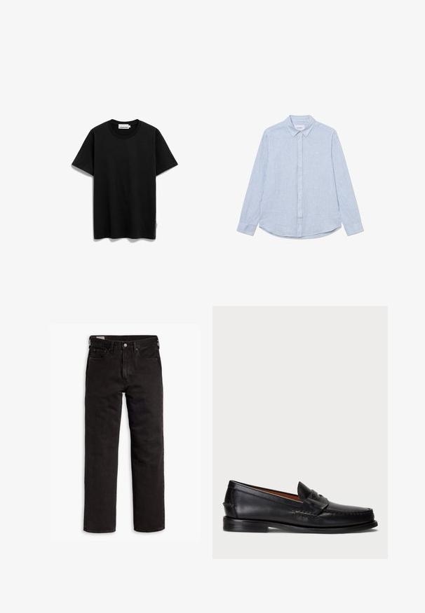 Zwarte T-shirt met korte mouwen van katoen met een ronde halslijn. Bevat een logo-label aan de onderkant. Soepele textuur en normale pasvorm.; Lichtblauw button-up overhemd met witte strepen, lange mouwen, kraag, afgeronde zoom en subtiele logodetail op de borst. Katoenen materiaal.; Zwarte recht gesneden denim jeans met vijf zakken, knoopsluiting en riemlussen, plat gelegd op een witte achtergrond.; Zwarte leren instapper met een ronde neus, gestikte details en een decoratieve band aan de voorkant. Platte zool met een minimaal profiel.