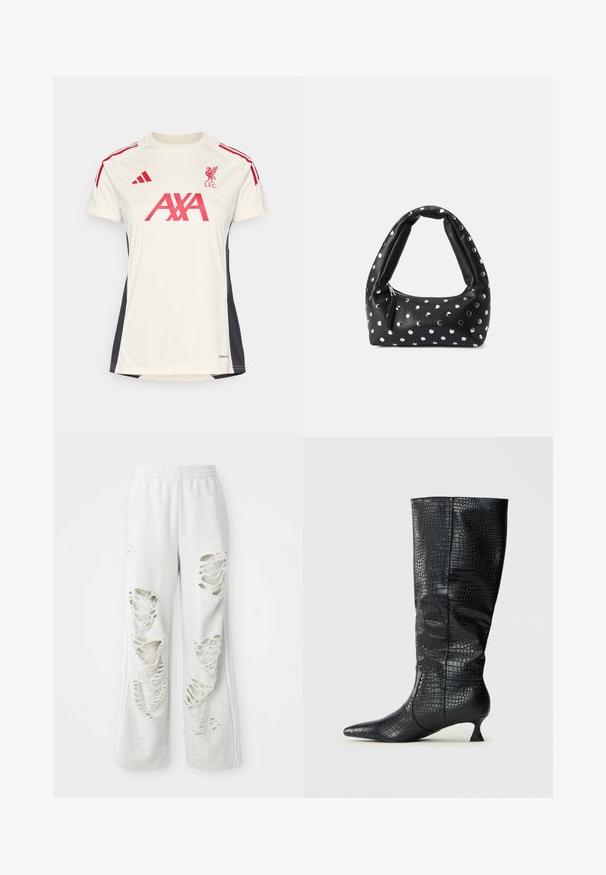 Krémové športové tričko s červenými akcentmi, s krátkymi rukávmi, kruhovým výstrihom, logom Liverpool FC a logom "AXA" na prednej strane.; Svetlo šedé tepláky s voľným strihom, ktoré majú viaceré poškodené záplaty, mäkkú textúru a elastický pás.; Čierne vysoké čižmy z umelého kože so lesklou krokodílovou textúrou, špicatou špičkou a štíhlým, uhlovým opätkom. Klasický dizajn a elegantný silueta.; Čierna kožená kabelka s oblúkovou rukoväťou, zdobená striebornými bodkami a so zapínaním na zips na jednej strane.
