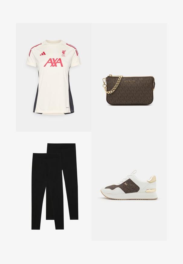 Kremna atletska majica z rdečimi detajli, ki ima kratke rokave, okroglo ovratnik, logo Liverpool FC in logo "AXA" spredaj.; Črne legice iz raztegljive tkanine, z brezšivnim pasom in oprijetim krojem, primerne za prosti čas ali vadbo.; Beli športni copati s panelom iz rjave tkanine z vzorcem, z zlatimi dodatki, okroglo konico, vezalnim dizajnom in teksturiranem gumijastem podplatu.; Rjava usnjena torba čez ramo z vzorcem logotipa, zlatim verigo, zadrgo in zlatimi dodatki. Kompaktna in pravokotna oblika.