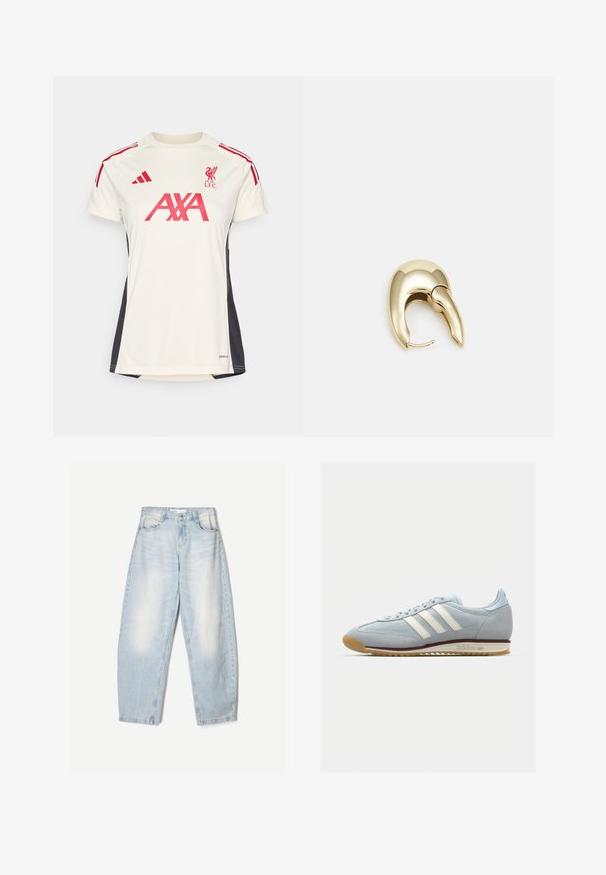 Kermakuvallinen urheilupaita, jossa on punaisia yksityiskohtia, lyhyet hihat, pyöreä pääntie, Liverpool FC -logo ja "AXA"-logo edessä.; Vaaleansiniset farkut, joissa on löysä malli, haalistunut pinta, kaksi etutaskua ja nappikiinnitys vyötäröllä.; Vaaleansininen mokkanahkakengät, joissa on valkoiset kolme raitaa, kumipohja ja teksturoitu verkko. Ominaisuuksiin kuuluu sileä varvaskuppi ja brändäys kannassa.; Kultahipuinen korvakoru, jossa on sulavalinjainen, kaareva muotoilu. Ominaisuuksiin kuuluu erottuva terävä muoto, kiillotettu pinta ja sarana kiinnitys.