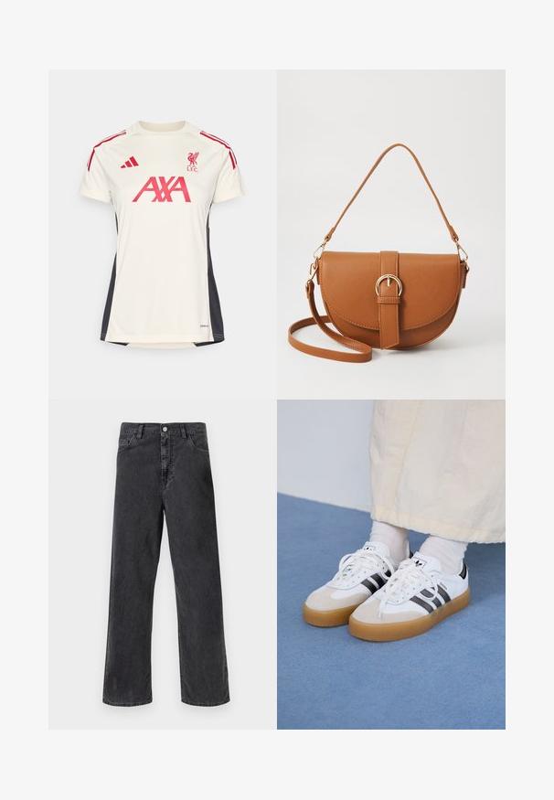 Cremefarvet sports T-shirt med røde detaljer, med korte ærmer, rund hals, et Liverpool FC-logo og et "AXA"-logo på forsiden.; Sorte denim jeans med lige ben, der har lukning med metalknap, fem lommer og synlige syninger. Glat tekstur og afdæmpet farve.; Hvide sneakers med sorte striber og beige ruskindsdetaljer. Har en tekstureret gummisål og flade hvide snørebånd, båret med lyse sokker.; Brun læder crossbody taske med en buet form, guldfarvet hardware og en spændeaccent. Har en aftagelig skulderrem.