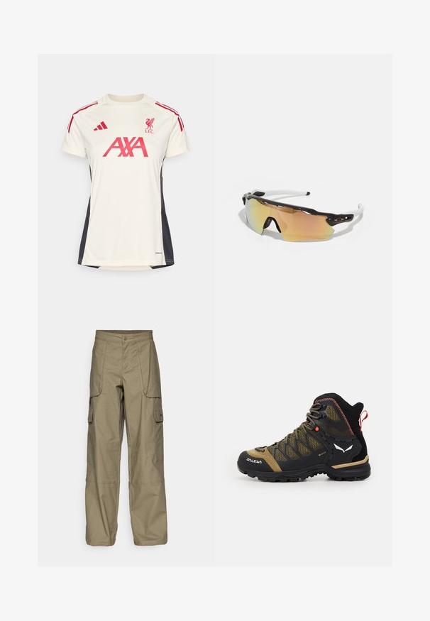 Kremowa koszulka sportowa z czerwonymi akcentami, z krótkimi rękawami, okrągłym dekoltem, logo Liverpool FC oraz logiem "AXA" z przodu.; Pantalony cargo w oliwkowym kolorze, wykonane z luźnego materiału, z wieloma bocznymi kieszeniami i zapięciem na guzik w talii. Gładka tekstura.; Wysokie buty hikingowe w kolorze czarnym i oliwkowym, z siateczkową cholewką, gumową podeszwą oraz teksturowanymi akcentami, wyposażone w tylną pętlę do zakupu.; Okulary przeciwsłoneczne z czarno-białą oprawką, dużymi lustrzanymi soczewkami w złotych i różowych odcieniach, aerodynamiczny kształt oraz wydłużona zewnętrzna krawędź.