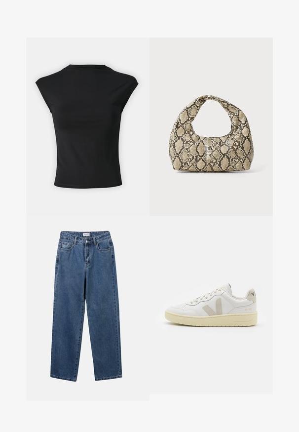 Gina Tricot SOFT TOUCH FUNNEL NECK TOP - Basic póló - black; Klasszikus kék farmernadrág egyenes szárú dizájnal, öt zsebbel és gombos zárással. Közepes mosású és strapabíró textúrával rendelkezik.; Fehér bőr sneaker bézs velúr részletekkel, perforált orr résszel, lapos fűzőkkel és textúrált krémszínű talppal. Finom márkajelzés található a sarkán.; Kígyómintás kézitáska ívelt fogantyúval. Texturált, bézs és barna anyagból készült, jellegzetes gyémántmintával.