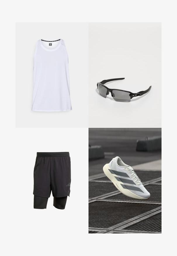Weißes sportliches Tanktop aus strukturiertem Stoff, mit rundem Ausschnitt, weiten Armausschnitten und Knopfdetail an der Schulter.; Schwarze Sportshorts mit integrierter Innenschicht, aus atmungsaktivem Material hergestellt. Mit dezentem Logo und strukturierter Textur. Verstellbarer Bund.; Weißer Sportschuh mit einer strukturierten Mesh-Oberfläche, grauen Streifen und einer gepolsterten Sohle. Leichtes Design, geeignet zum Laufen.; Schwarze Sportsonnenbrille mit grauen Gläsern, geschwungenem Rahmendesign und Logodetail an der Seite. Hergestellt aus leichtem Kunststoffmaterial.