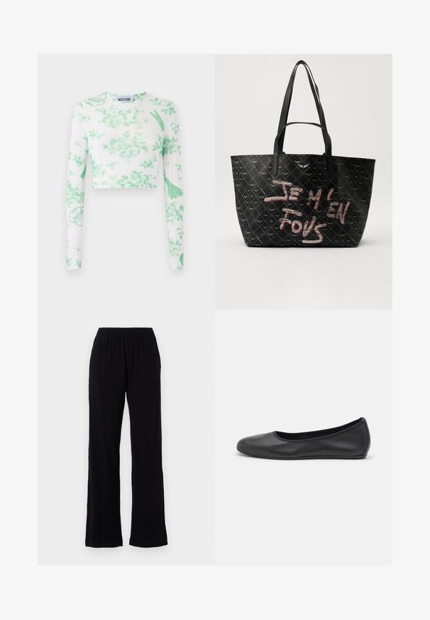 Baltas ilgas rankovinis trumpas viršus, puošiamas žaliais gėlių raštais, logotipo detalėmis ir minkšta, elastinga medžiaga. Apvalus iškirpimas ir siauras siluetas.; Juodos, lengvos, elastingos juosmens kelnės su tiesiu pjūviu. Minkšta tekstūra, be matomų raštų ar akcentų. Paprastas ir universalus stilius.; Juodai odiniai baletai su apvaliu pirštu, lygi texture, minimalus siuvimo detales ir lanksčiu padų dizainu.; Juodas tote krepšys su tekstūruotu paviršiumi, turintis deimanto raštą, petines diržes ir ryškiai raudonai baltą tekstą „JE M'EN FOUS.“