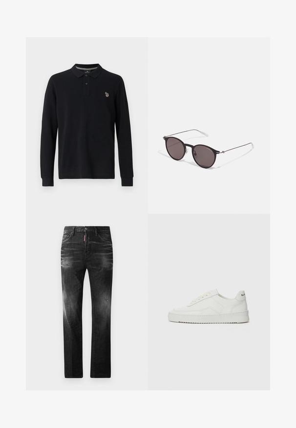 Svart långärmad polo skjorta med klassisk krage, treknappslucka och liten färgglad broderad logotyp på bröstet. Slät struktur.; Svarta denimjeans med rak passform. Har blekta områden, mindre slitningar, klassisk femficksdesign och knäppning med knapp.; Vita lädersneakers med en jämn yta, rund tå, platta snörningar och en strukturerad sula. Har en diskret logotyp på hälen.; Svarta runda solglasögon med mörka linser och smala metallarmar. Inkluderar klara tempeltips och silverdetaljer vid gångjärnet. Minimalistisk design.