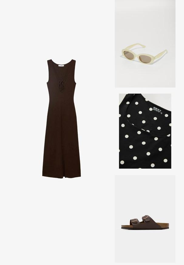 Schwarzes ärmelloses Baumwolltop mit weißen Punkten, mit einem runden Ausschnitt und glatter Textur. Markenlabel im Inneren sichtbar.; Braunes ärmelloses Kleid mit V-Ausschnitt, Bindung vorne und fließender Silhouette, aus einem glatten Stoff gefertigt.; Braune, flache Riemchensandale mit zwei verstellbaren Riemen. Hergestellt aus einem glatten Material, mit einem Korkfußbett und einer strukturierten Gummisohle.; Ovale Sonnenbrillen mit einem durchscheinenden, blassgelben Rahmen und braunen Gläsern. Verfügen über eine glatte Textur und subtile Hardware-Akzente an den Seiten.; Stradivarius SET - Armband - dark brown