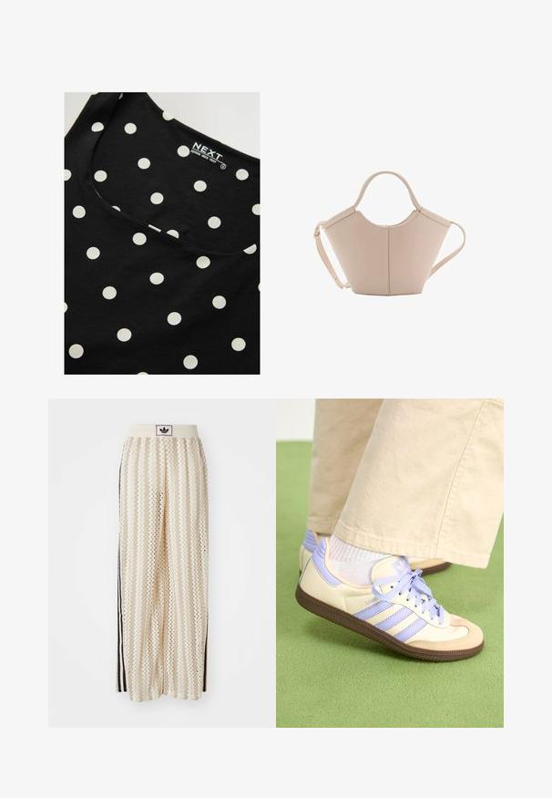 Svart bomullsärmlös topp med vita prickar, med rundad halsringning och slät textur. Märkesetikett synlig inuti.; Krämfärgade vida byxor med ett zick-zack-mönster, med en svart logoband och svarta sidostråk. Lätt och strukturerad tyg.; Krämfärgade och lavendelfärgade sneakers med tre ränder och en texturerad brun sula, med snören och en vadderad häl. Mjuk tygobero.; Beige läderhandväska med en unik form, med två korta handtag och ett långt justerbart axelband. Slät textur med minimal hårdvara.