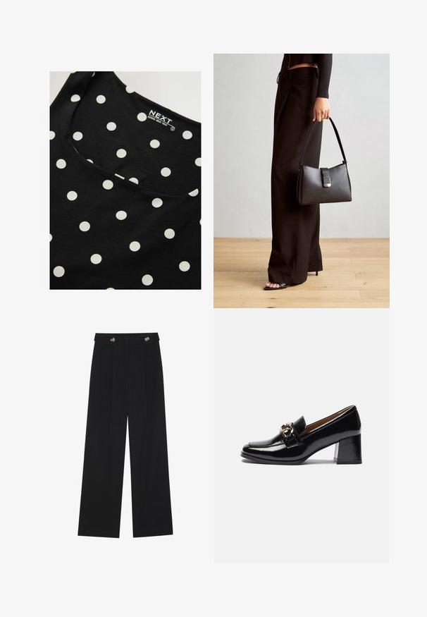 Schwarzes ärmelloses Baumwolltop mit weißen Punkten, mit einem runden Ausschnitt und glatter Textur. Markenlabel im Inneren sichtbar.; Schwarze weite Hosen mit hoher Taille, Knopfdetails am Bund und vorderen Falten.; Schwarze Lacklederschuhe mit Absatz, runder Zehenpartie, kräftigerem Absatz und einem goldfarbenen Hardware-Akzent auf dem vorderen Riemen.; Schwarze Handtasche mit strukturierter Form, glatter Textur und einem metallischen Verschluss. Kombiniert mit weiten schwarzen Hosen und offenen Sandalen auf einem Holzboden.