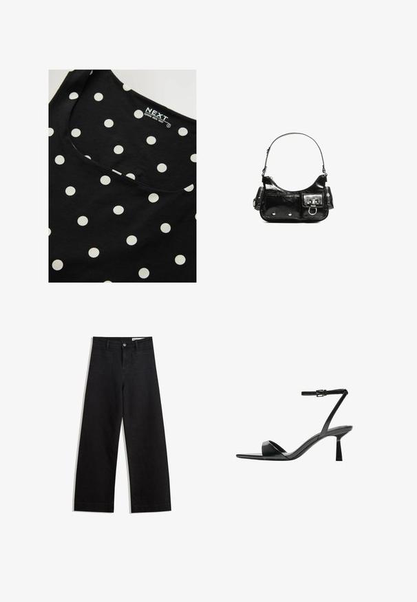 Mustassa puuvillassa olevassa hihattomassa toppissa on valkoisia pilkkuja, ja siinä on pyöreä kaula-aukko sekä sileä pinta. Brändilabeli näkyy sisäpuolella.; Mustat leveät farkut korkealla vyötäröllä, joissa on etu- ja takataskut, ommellut saumat ja nappisuljenta. Silkinoinen rakenne.; Bershka Korolliset sandaalit - black; Mustekko mustasta kiiltonahasta valmistettu käsilaukku, jossa on kaareva muoto, yksi olkahihna, etutaskut ja hopeanväriset yksityiskohdat.