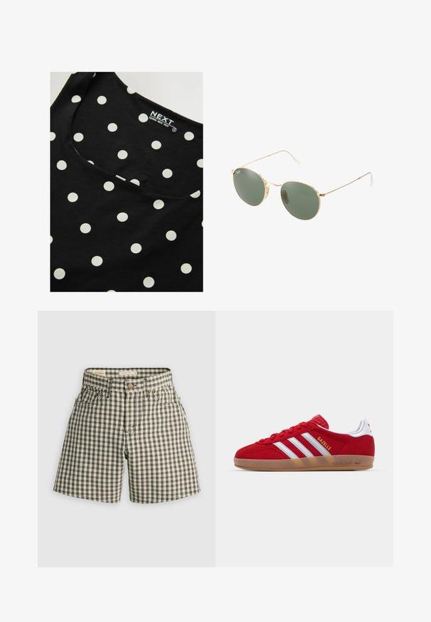 Schwarzes ärmelloses Baumwolltop mit weißen Punkten, mit einem runden Ausschnitt und glatter Textur. Markenlabel im Inneren sichtbar.; Braun-weiß karierten Shorts mit Knopfverschluss, zwei Fronttaschen und einer lockeren Passform. Hergestellt aus gewebtem Stoff mit einer glatten Textur.; Rote Wildleder-Sneaker mit weißem Dreistreifen-Design und goldenem "Gazelle"-Schriftzug. Besitzt eine Gummisohle und eine strukturierte Ferse.; Sonnenbrille mit goldfarbenem Metallrahmen und grünen Gläsern, runder Form, dünnen Bügeln und weißen Kunststoffakzenten an den Enden der Bügel.