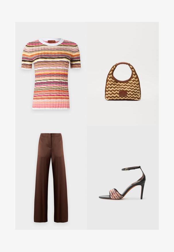 Mitmevärviline lühikeste varrukatega kootud topp, millel on laineline triibumuster roosa, oranži, musta ja kollase värviga. Omab valget soonikserva kaelust.; Pruunid laiad püksid, mis on valmistatud siledast ja kergest kangast, laia esiosa, ilma taskuteta ja otsejooneliselt disainitud.; Mustad mustakontsaga sandaal, millel on pahkluu rihm. Esitakse tekstureeritud, mitmevärvilise kangasnööriga varba kohal. Ümarda nahkviimistlus.; Kootud heinäkkotasku, millel on sõlmeline mustr, pruun nahk käepide ja alus ning ees kandiline logo silt.