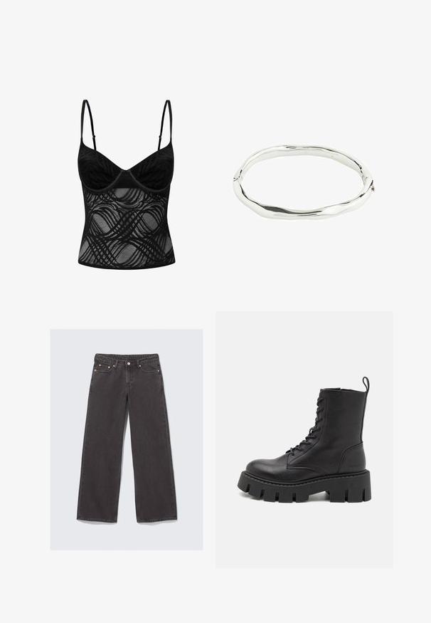 Bralette de encaje negro con copas con aros, tirantes ajustables y un cuerpo transparente con un detalle de patrón ondulado a lo largo.; Jeans de pierna ancha hechos de mezclilla gris oscuro. Las características incluyen una cintura alta, herrajes de cobre y un diseño clásico de cinco bolsillos.; Botín negro de cuero hasta el tobillo con cordones en la parte delantera, suela de plataforma gruesa y tira de agarre en la parte trasera; textura suave y sutil marca en el talón.; Brazalete de metal plateado con un diseño ondulado e irregular. Superficie lisa con un acabado pulido que refleja la luz. Forma circular sin acentos notables.