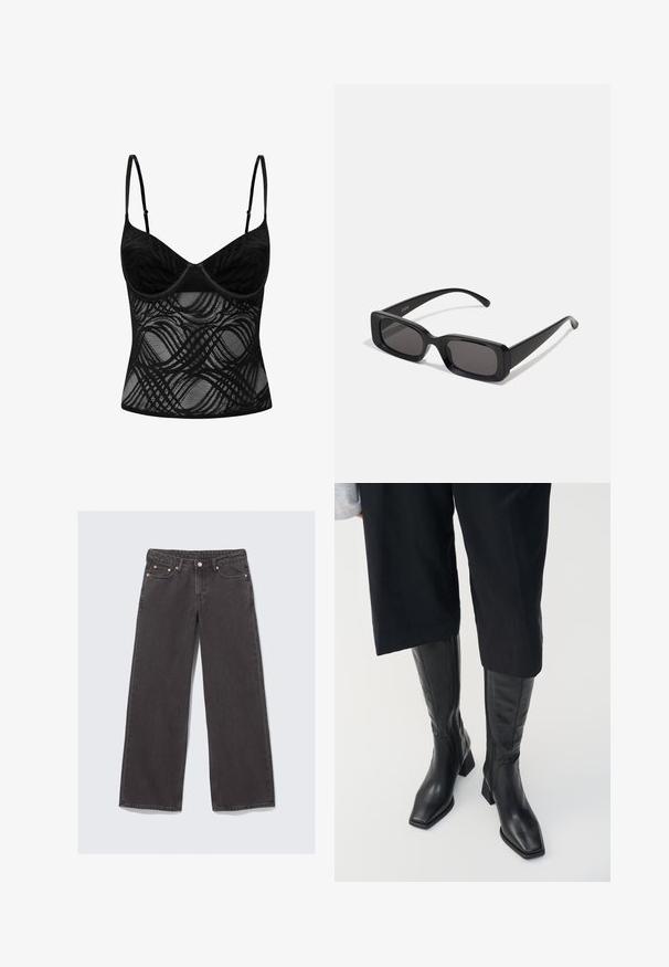Czarny koronkowy biustonosz typu bralette z drucikami, regulowanymi ramiączkami oraz przezroczystą tkaniną z falistymi detalami.; Jeans w szerokich nogawkach wykonane z ciemnoszarego dżinsu. Charakteryzują się wysokim stanem, miedziowanym okuciem oraz klasycznym pięciokieszeniowym designem.; Czarne skórzane botki do kolan z kwadratowym noskiem i blokowym obcasem. Wyposażone w zamek błyskawiczny z boku oraz gładką teksturę.; Czarne prostokątne okulary przeciwsłoneczne z ciemnymi szkłami, błyszczącym wykończeniem, szerokimi zausznikami i masywną konstrukcją. Wygrawerowana nazwa marki na jednym z zauszników.; Czarna torebka skórzana o teksturowanej powierzchni, ozdobiona srebrnymi ćwiekami na górnej krawędzi oraz uchwytach. Posiada krótki uchwyt i odczepiany pasek.; Srebrna metalowa bransoletka o falistym, nieregularnym wzorze. Gładka powierzchnia z wypolerowanym wykończeniem, odbijająca światło. O okrągłym kształcie, bez wyraźnych akcentów.
