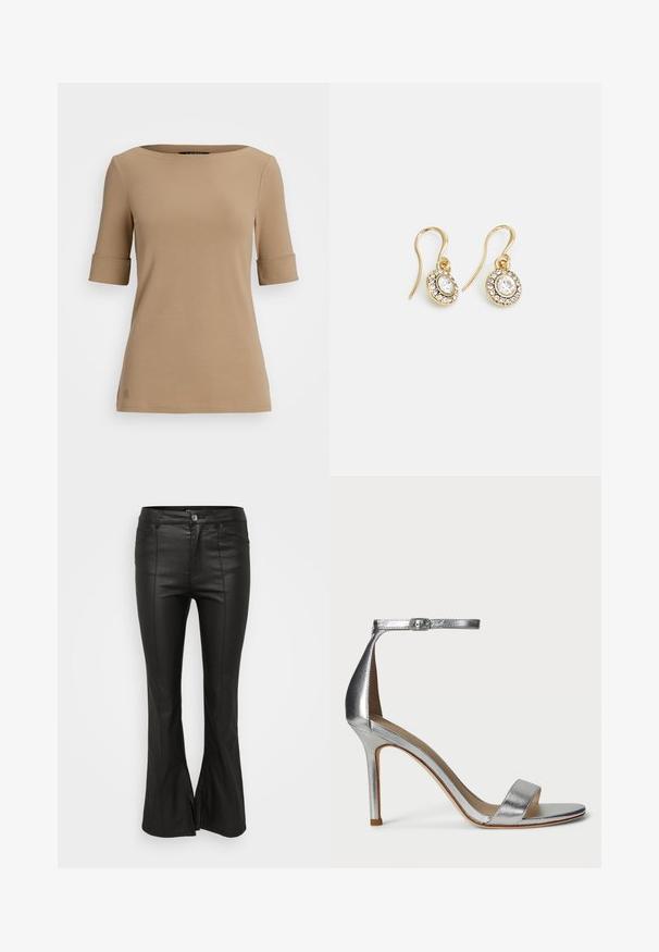 Smėlio spalvos, prigludusi marškinėliai su plačiu, apvaliu kaklu ir alkūnėse suktais rankovėmis. Pagaminti iš minkštos, tamprios medžiagos su subtiliu logotipo akcentu.; Juodos platečiųjų kojų kelnės su blizgia, odai panašia tekstūra, turinčios priekinės kišenes, mygtuko užsegimą ir šoninius plyšius apatinėje dalyje.; Sidabrinės aukštakulnės šlepetės su siauru minkštu dirželiu, kulkšnies dirželiu su sagtimi, elegantišku dizainu ir lygia metaline tekstūra.; Aukso spalvos auskarai su ovalo formos skaidriais kristalais, apjuostais mažesniais skaidriais akmenukais, su kabliuko dizainu, užtikrinančiu saugų dėvėjimą.