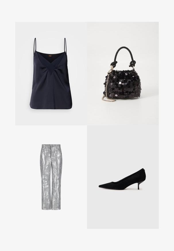 Camisole din mătase navy cu bretele subțiri, decolteu în V și detalii plisate la bust; textură netedă și croială lejeră.; Pantaloni brodați cu argintiu, cu un model de frunze, design cu picior drept și o textură netedă, strălucitoare. Buzunare funcționale și închidere cu nasture.; Pantofii cu toc înalt din suede negru, cu vârf ascuțit și un toc subțire, jos. Textură netedă, cu un design elegant, fără hardware vizibil.; Geantă mini neagră cu paiete, cu un umar texturat înnodat și un lanț argintiu. Formă rotundă cu partea de sus adunată și detalii reflectorizante.