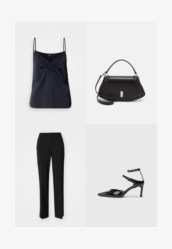Ναυτικό μεταξωτό καμισόλ με λεπτές ρίγες, V-κοψίματα και πτυχωτή λεπτομέρεια στο στήθος; απαλός υφή και χαλαρή εφαρμογή.; Μαύρο παντελόνι με ραφή που έχει σχεδιασμό ίσιας γραμμής, διαθέτει λεία υφή και καθαρές πτυχώσεις κατά μήκος της μπροστινής πλευράς. Χωρίς ορατό μεταλλικό υλικό.; Μαύρα παπούτσια με λουστρίνι δέρμα, με μυτερή μύτη, ρυθμιζόμενα λουράκια στον αστράγαλο και λεπτό τακούνι. Λεπτή υφή με γυαλιστερό φινίρισμα.; Μαύρη δερμάτινη τσάντα με δομημένο σχέδιο, που διαθέτει κομμένο σχήμα, επάνω λαβή και χρυσά μεταλλικά στοιχεία. Περιλαμβάνει ρυθμιζόμενο λουρί ώμου.