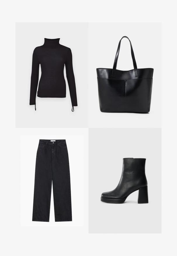 Cămașă neagră cu mânecă lungă și guler înalt, fit slim, cu textură canalată, având șnururi ajustabile la margine pentru o lungime personalizabilă.; Jeans din denim negre cu talie înaltă, largi, cu închidere prin buton și fermoar frontal, urechi pentru curea și stil cu cinci buzunare.; Botină din piele neagră, cu toc pătrat și talpă platformă, văzută din lateral pe un fundal alb simplu.; Geantă oversized din piele neagră, cu două mânere lungi, de textură netedă și formă structurată. Are un buzunar frontal pentru stocare suplimentară.