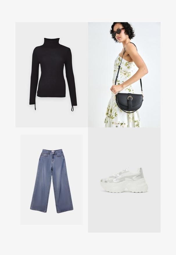 Black long-sleeve turtleneck shirt, slim fit, ribbed texture, featuring adjustable drawstrings at the hem for a customizable length.; Wide-leg denim jeans in a light blue wash, featuring a high waist, front pockets, and a button closure with belt loops.; Silver sneaker with a textured mesh upper and iridescent accents, featuring a chunky white sole and lace-up closure.; Black leather handbag with a curved shape, detachable strap, and gold hardware. The bag features a flap with a buckle detail.