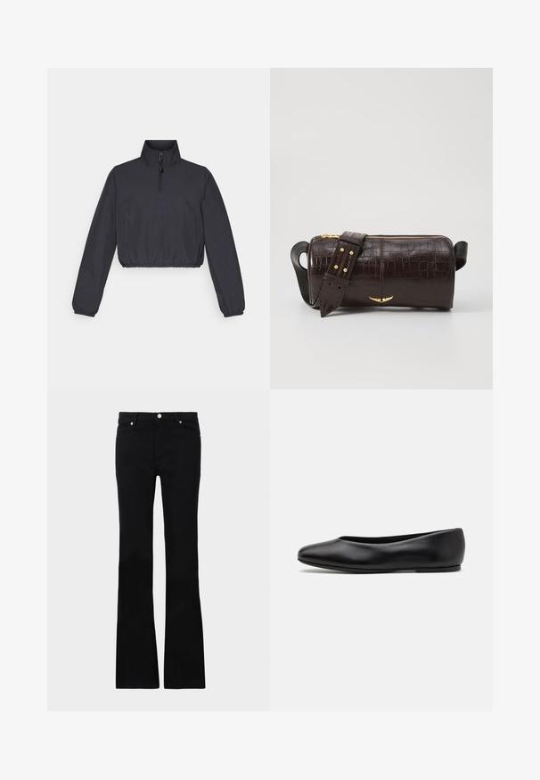 Cropped black jacket with a high collar, 1/4 zipper, elastic hem, and long sleeves; made from a smooth, lightweight fabric.; Black flared jeans made of denim, featuring two front pockets, a button closure, and a smooth texture. Signature stitching visible at seams.; Paul Smith TOPANGA - Ballet pumps - black; Brown crocodile-embossed leather bag with a cylindrical shape, gold-tone hardware, and a detachable strap featuring studs.